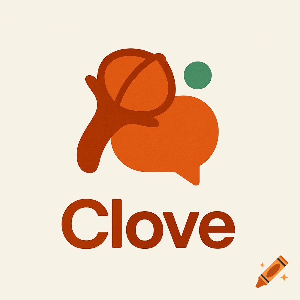 Minimalist logo for 'Clove' app with an orange clove spice merging into a speech bubble and a green dot on a cream background.