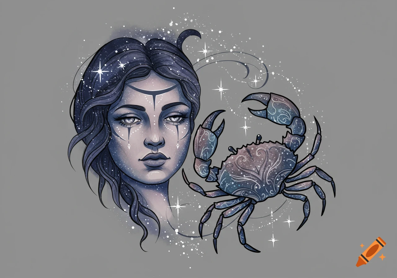 A mystical tattoo-style illustration featuring a woman with cosmic hair and markings next to a stylized crab, both covered in stars.