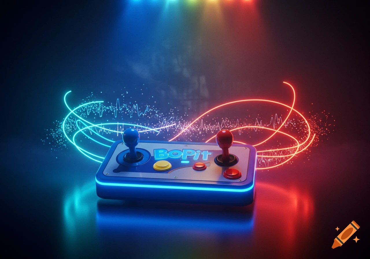A futuristic game controller with 'BoPit' text, illuminated by vibrant blue and red neon lights and swirling light trails on a dark background.