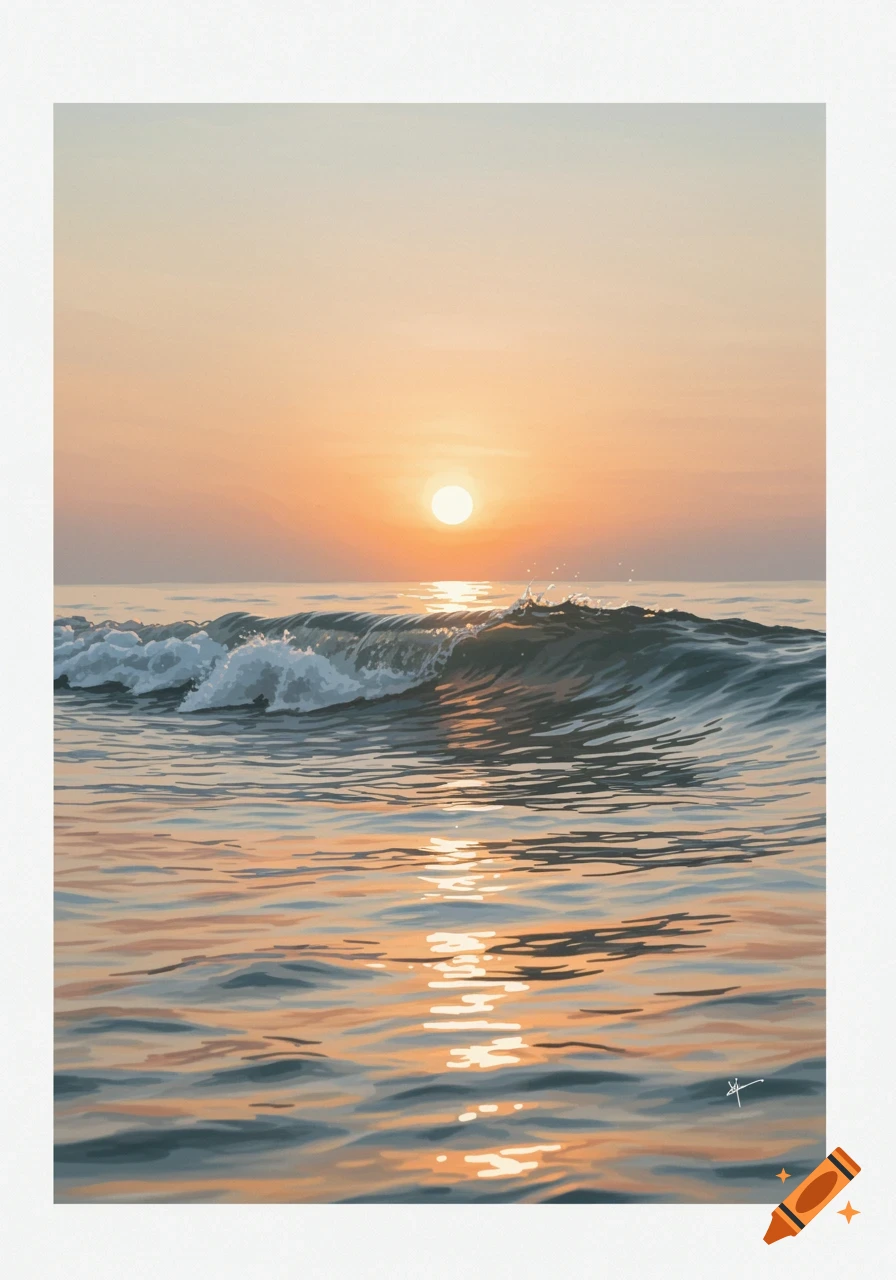 Digital painting of a serene ocean sunset with waves and golden reflections on the water.