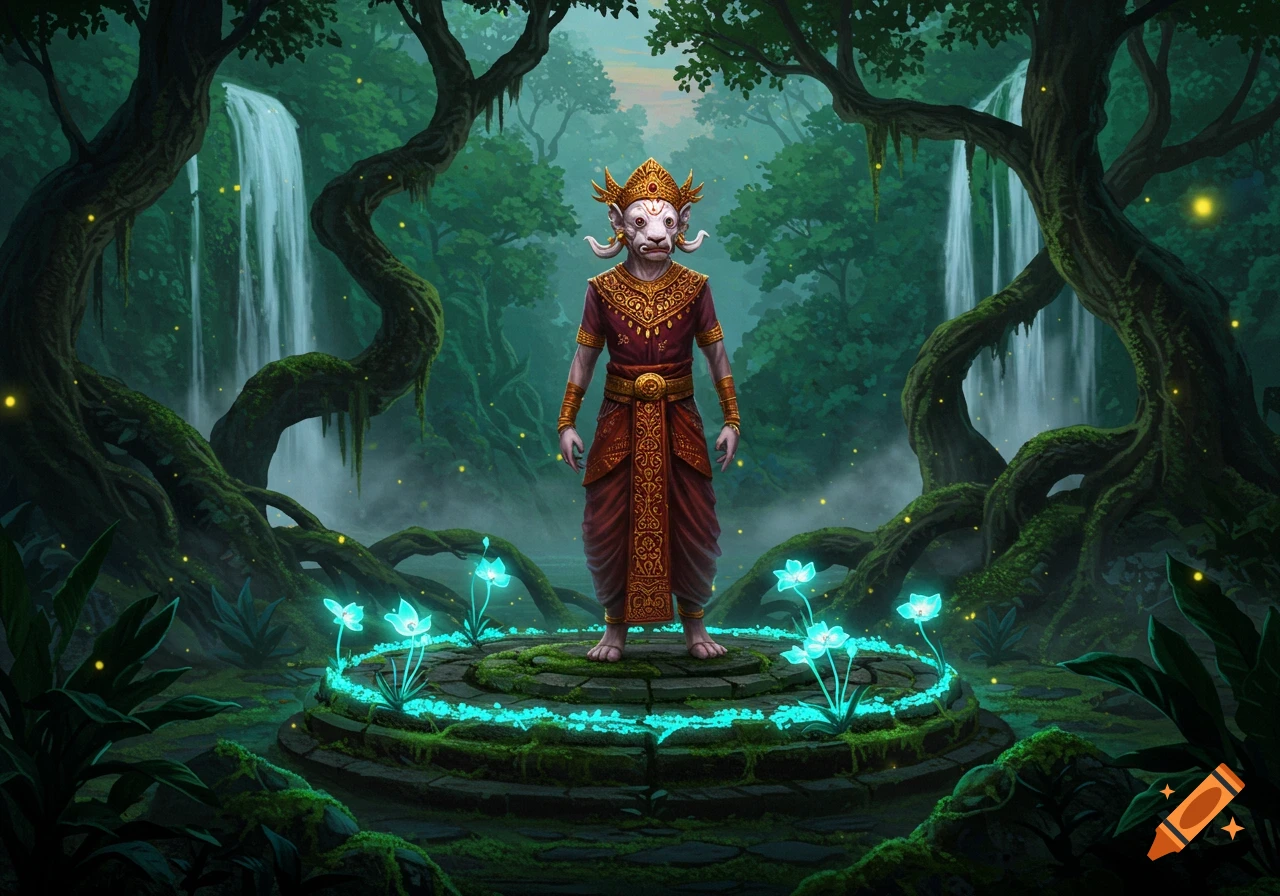 A mystical creature in ornate red and gold clothing stands on a glowing stone platform in a lush jungle with waterfalls.