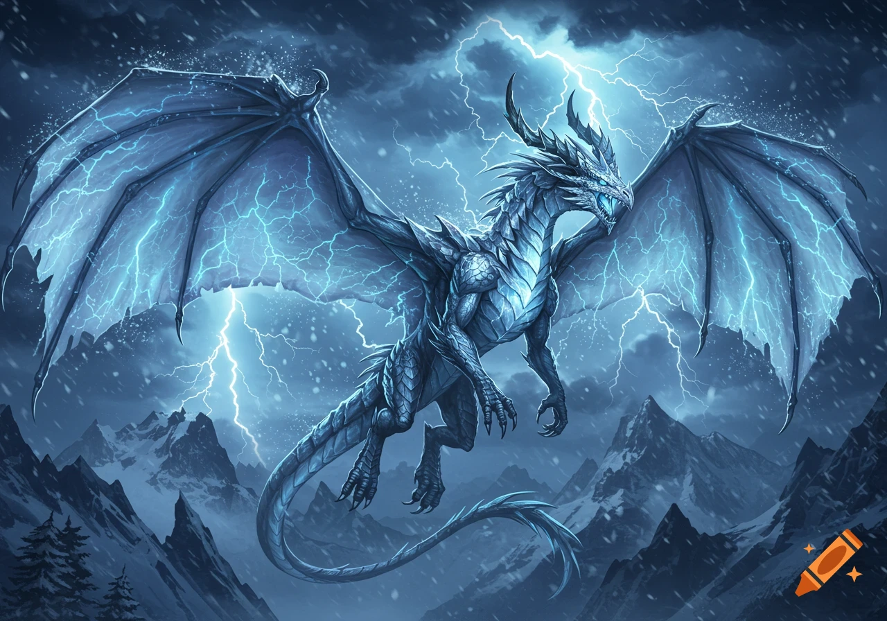A majestic blue and white lightning dragon with glowing eyes flies through a stormy, snowy mountain landscape.