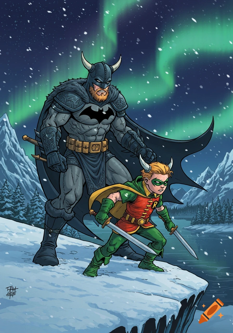 Cartoon image of Viking Batman and Robin standing in a snowy mountain landscape under green aurora borealis.