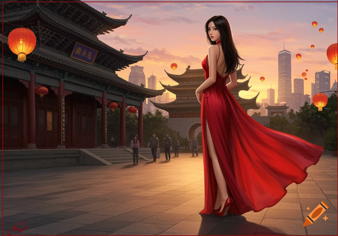 A tall woman in a red dress and high heels stands in front of a traditional Chinese building with a city skyline at sunset.