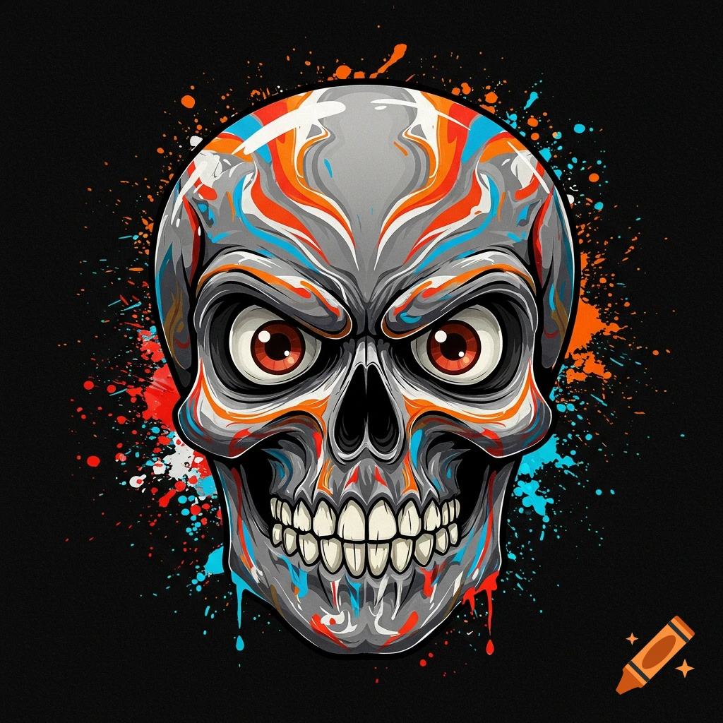 A vibrant cartoon skull with large eyes and exposed teeth, covered in grey, orange, blue, and red paint splatters on a black background.