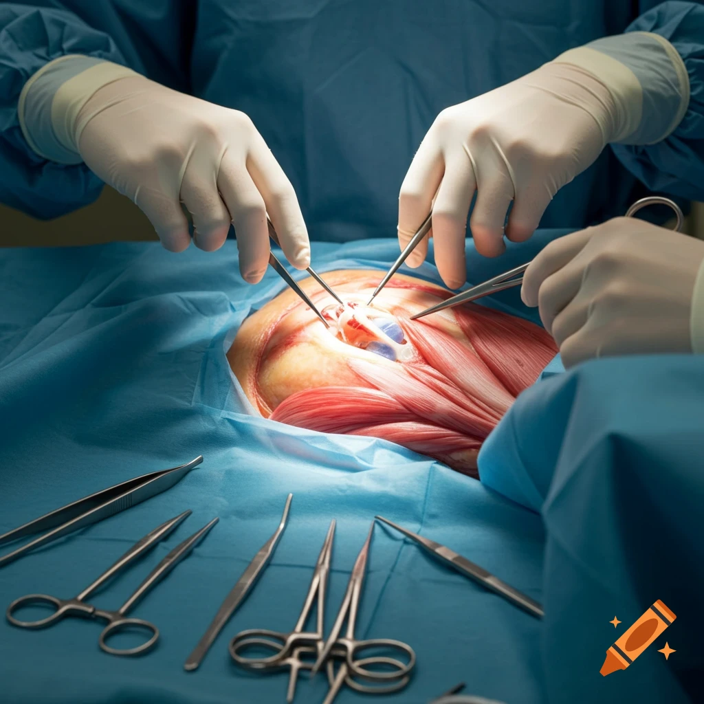 Close-up of surgeons' gloved hands performing shoulder surgery with various medical instruments on a blue drape in an operating room.