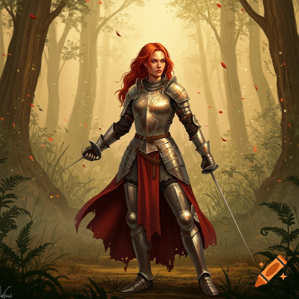 A red-haired woman in shining full plate armor stands in a misty forest, holding two fencing swords.
