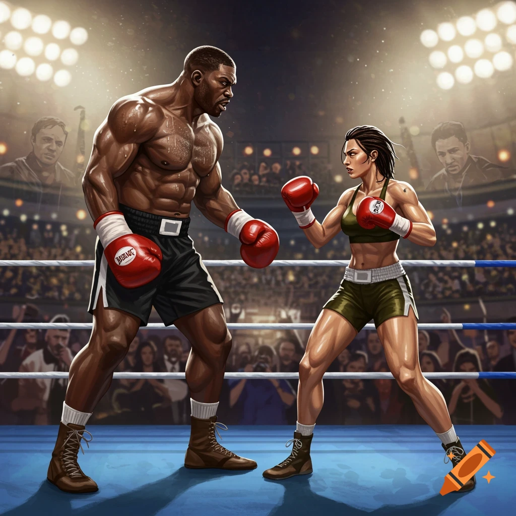Muscular man and woman in boxing gear face off in a ring before a crowd, in a dramatic, stylized illustration.