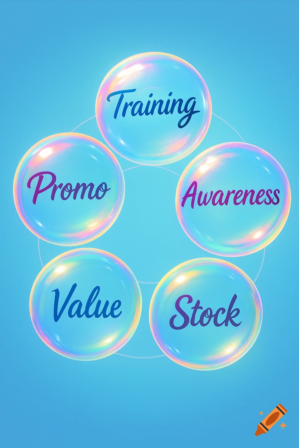 Five iridescent bubbles, each containing a word 'Training', 'Promo', 'Awareness', 'Value', and 'Stock', arranged in a circle on a blue background.