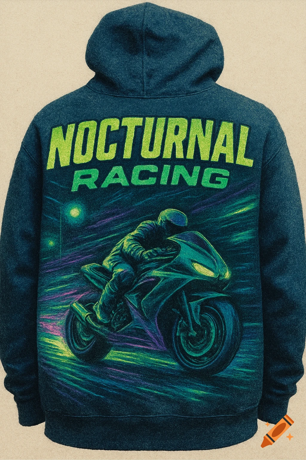 Back of a dark blue hoodie with a neon green print of 'NOCTURNAL RACING' above a stylized illustration of a motorcycle and rider in dark blues, greens, and purples.