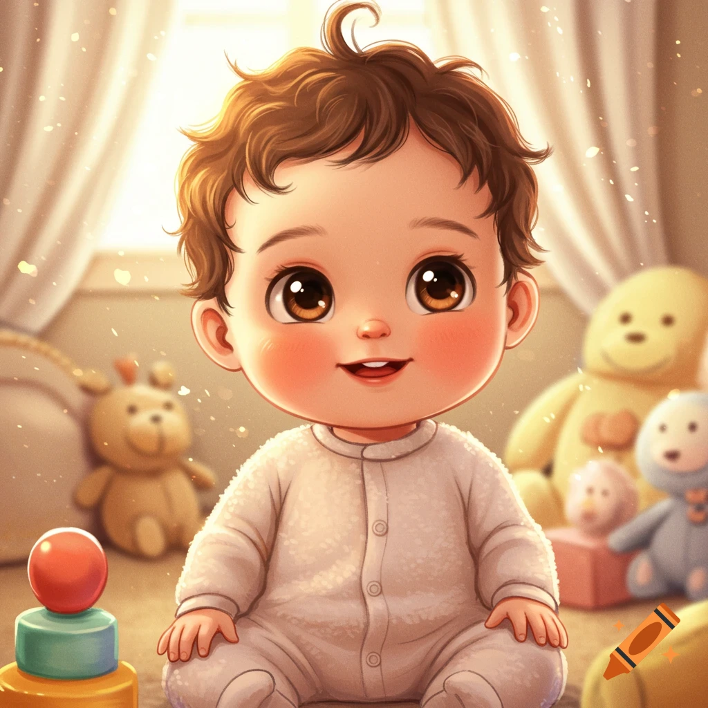 A cute cartoon baby with brown wavy hair and big brown eyes, wearing a white onesie, smiling and sitting in a sunny room with toys.