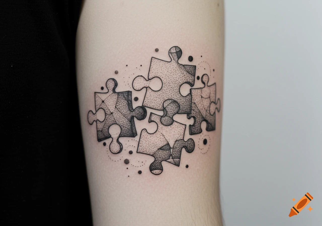 Black and white dot-style tattoo of several interlocking puzzle pieces on a person's arm.