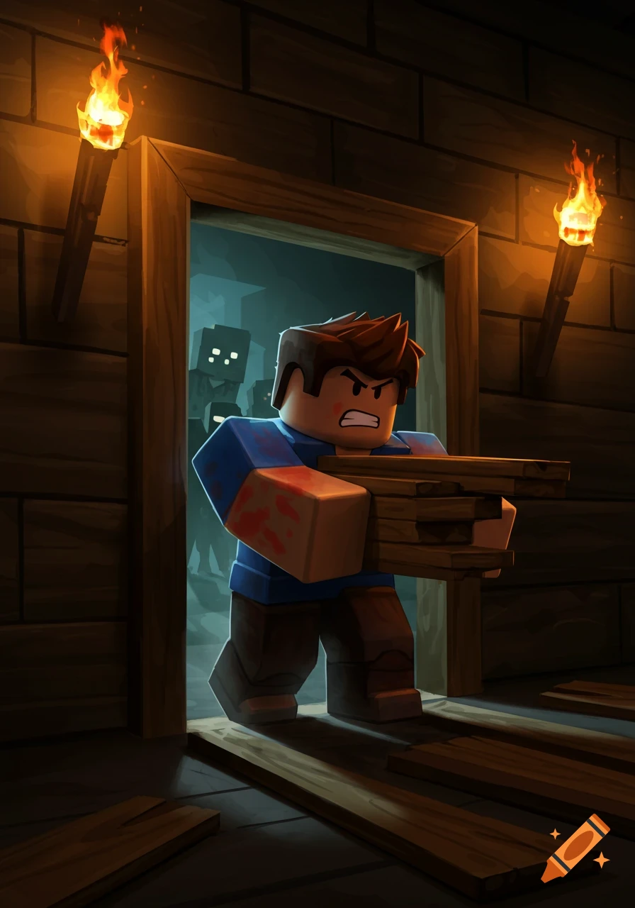 A Roblox character in a dark room holds wood planks against a door to block zombies, lit by torches.