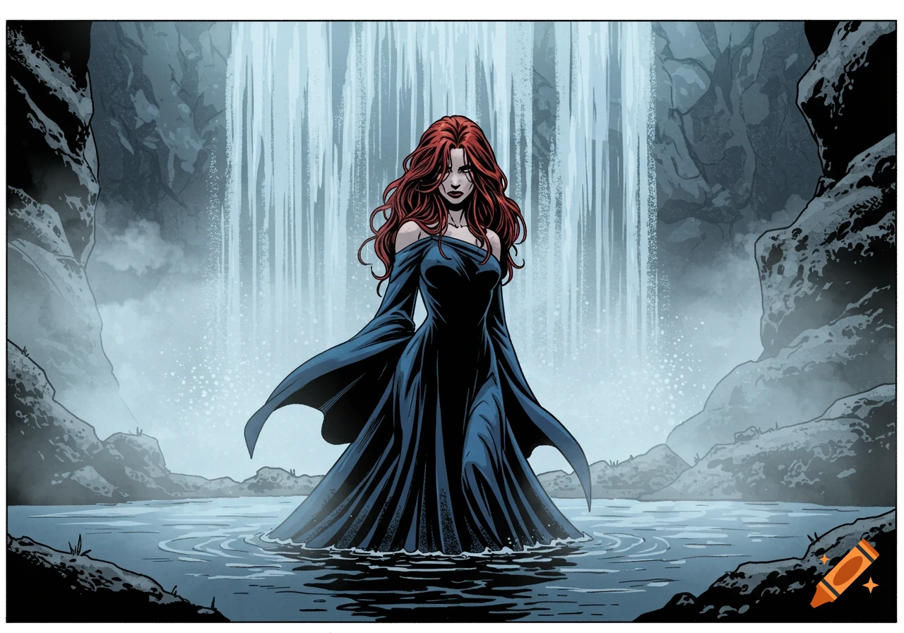 Comic art of a mysterious red-haired woman in a dark dress standing in a river with a waterfall behind her.