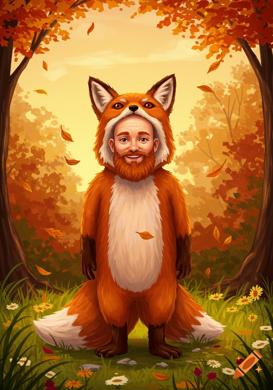 A bald man with a reddish-brown beard in an orange fox costume stands in an autumn forest with falling leaves.