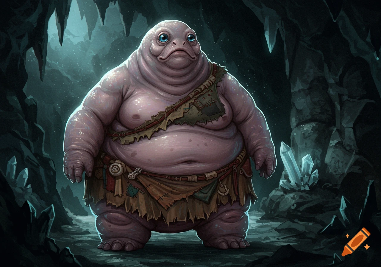 A large, blubbery fantasy creature with pink skin and blue eyes, wearing ragged clothes, stands in a glowing cave with crystals.