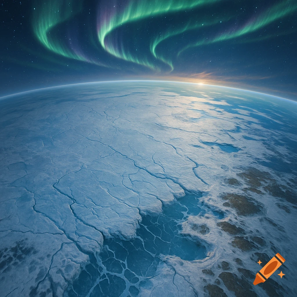 A photorealistic aerial view of a frozen planet's surface with cracked ice, open water, a sunset, and green aurora.