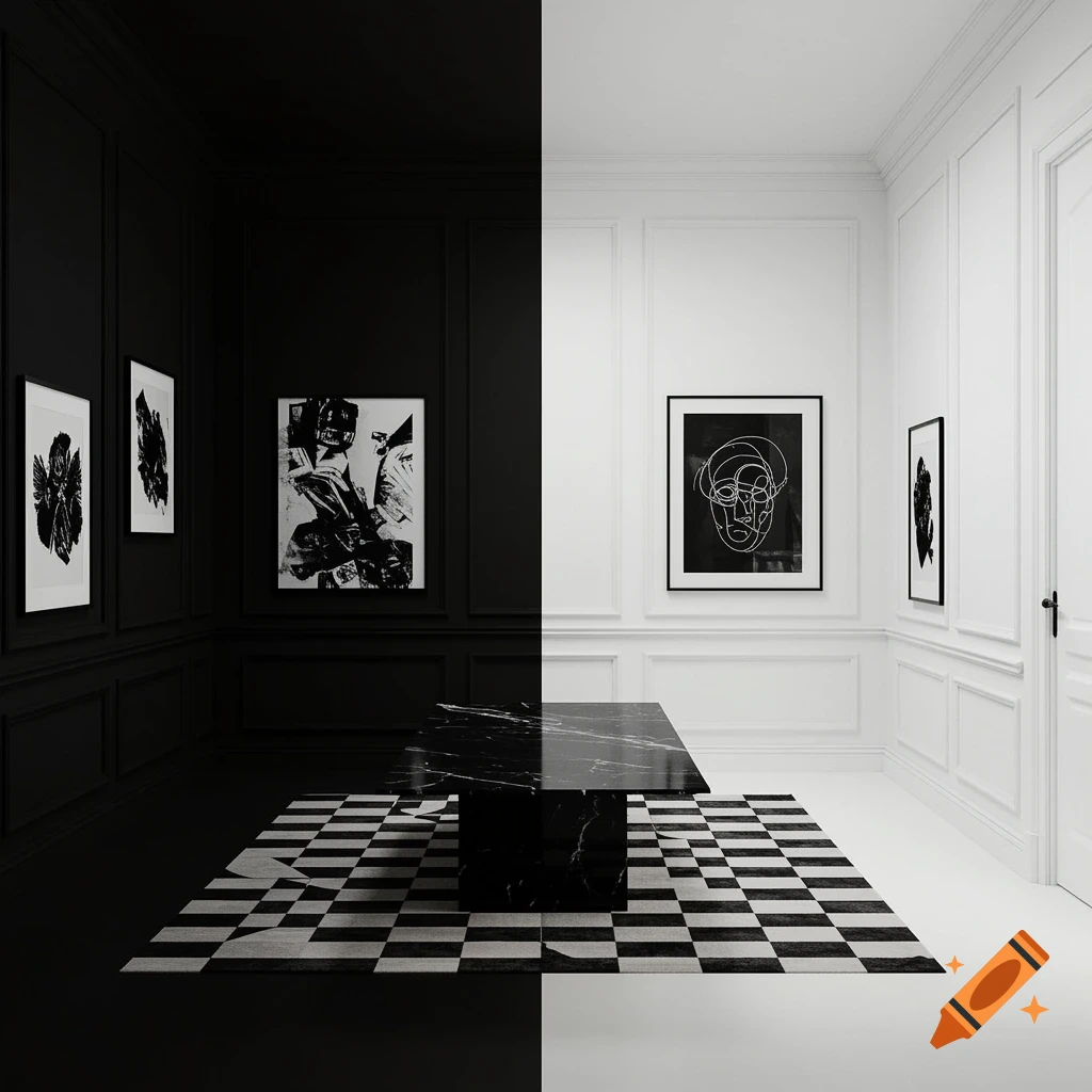 A room split down the middle with a black left side and a white right side, featuring a checkerboard rug, marble table, and abstract art.