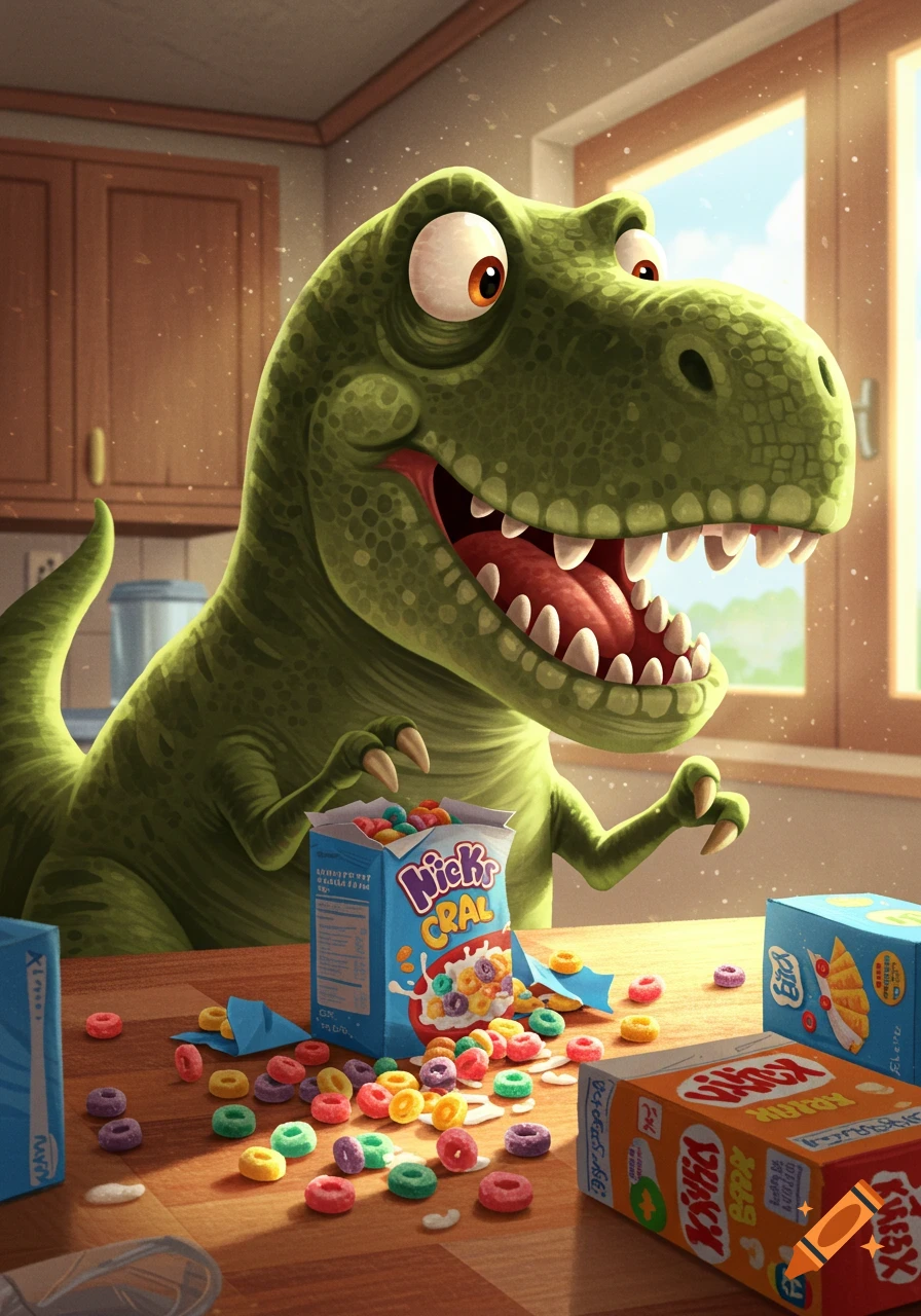 A cartoon T-Rex in a kitchen, holding a box of colorful "Micky CRAL" cereal, with spilled cereal rings on the wooden table.
