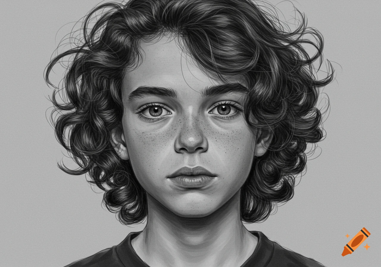 Monochrome close-up portrait drawing of a young person with curly hair and freckles.