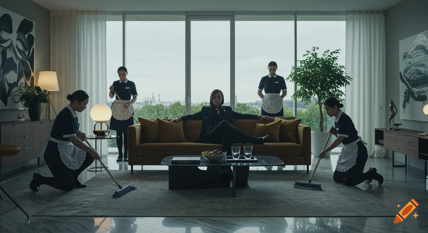 A woman in a black suit lounges on a sofa in a luxurious living room while four maids in uniform clean around her, two sweeping, one at a window.