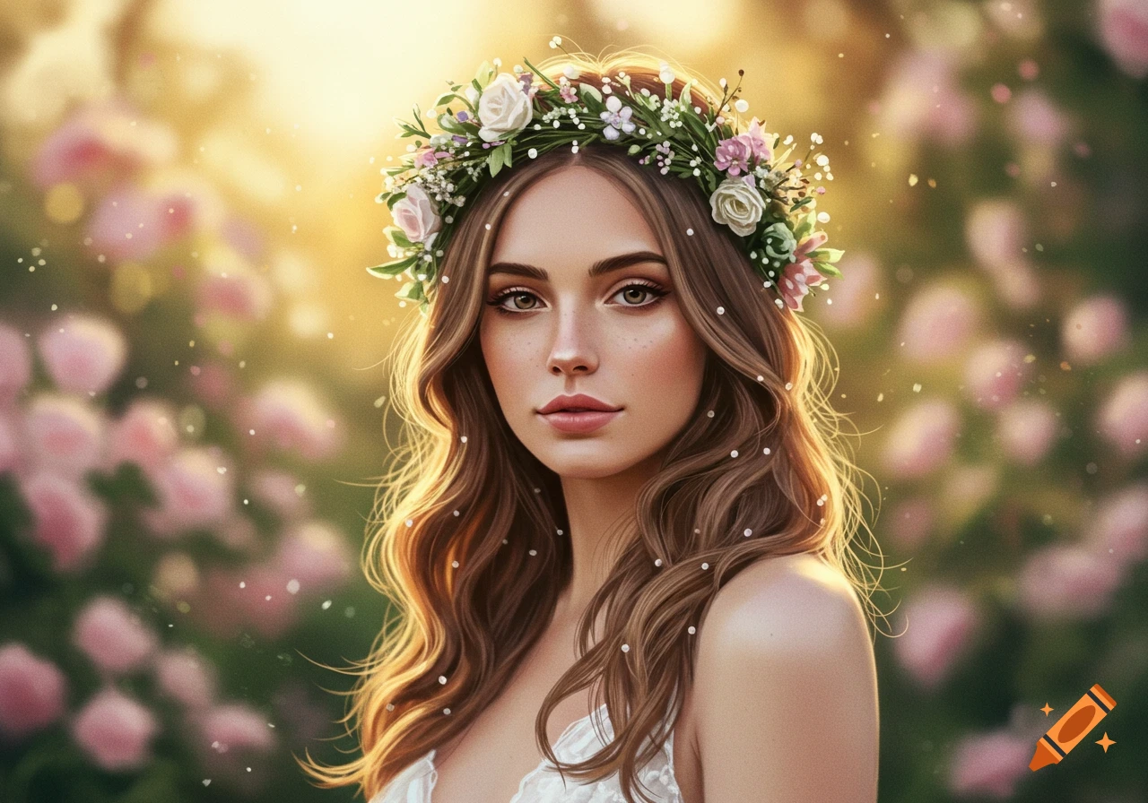 Photorealistic portrait of a beautiful woman with long brown hair wearing a floral crown amidst a soft, sunlit floral background.