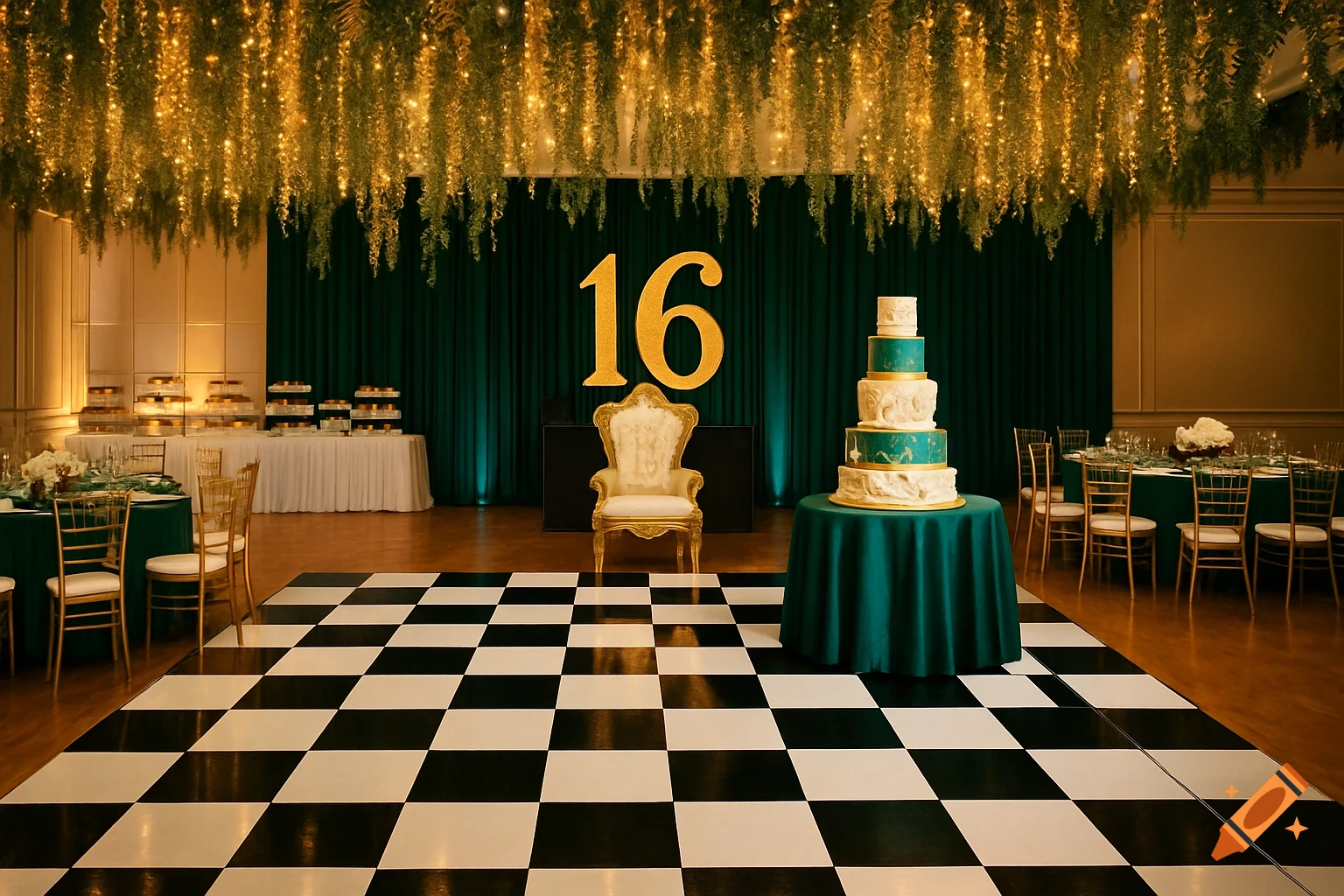 A ballroom set up for a sweet sixteen party with a black and white checkered dance floor, a tiered cake, gold '16' numbers, and green and gold decorations.