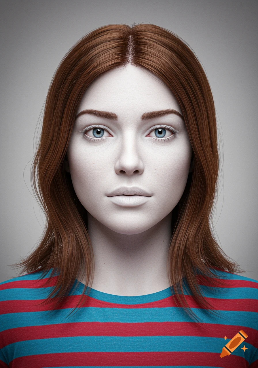 Photorealistic portrait of a woman with long reddish-brown hair, pale skin, blue eyes, and a striped red and blue t-shirt.