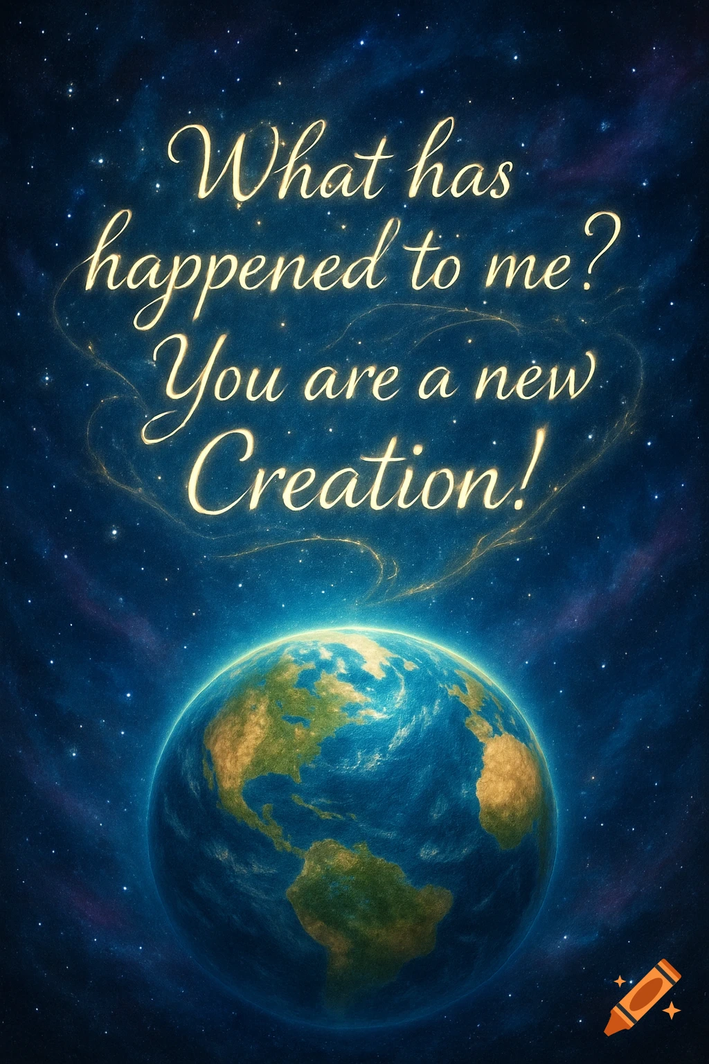 A globe of Earth floating in space with stars and nebulae in the background. Glowing text reads "What has happened to me? You are a new Creation!".