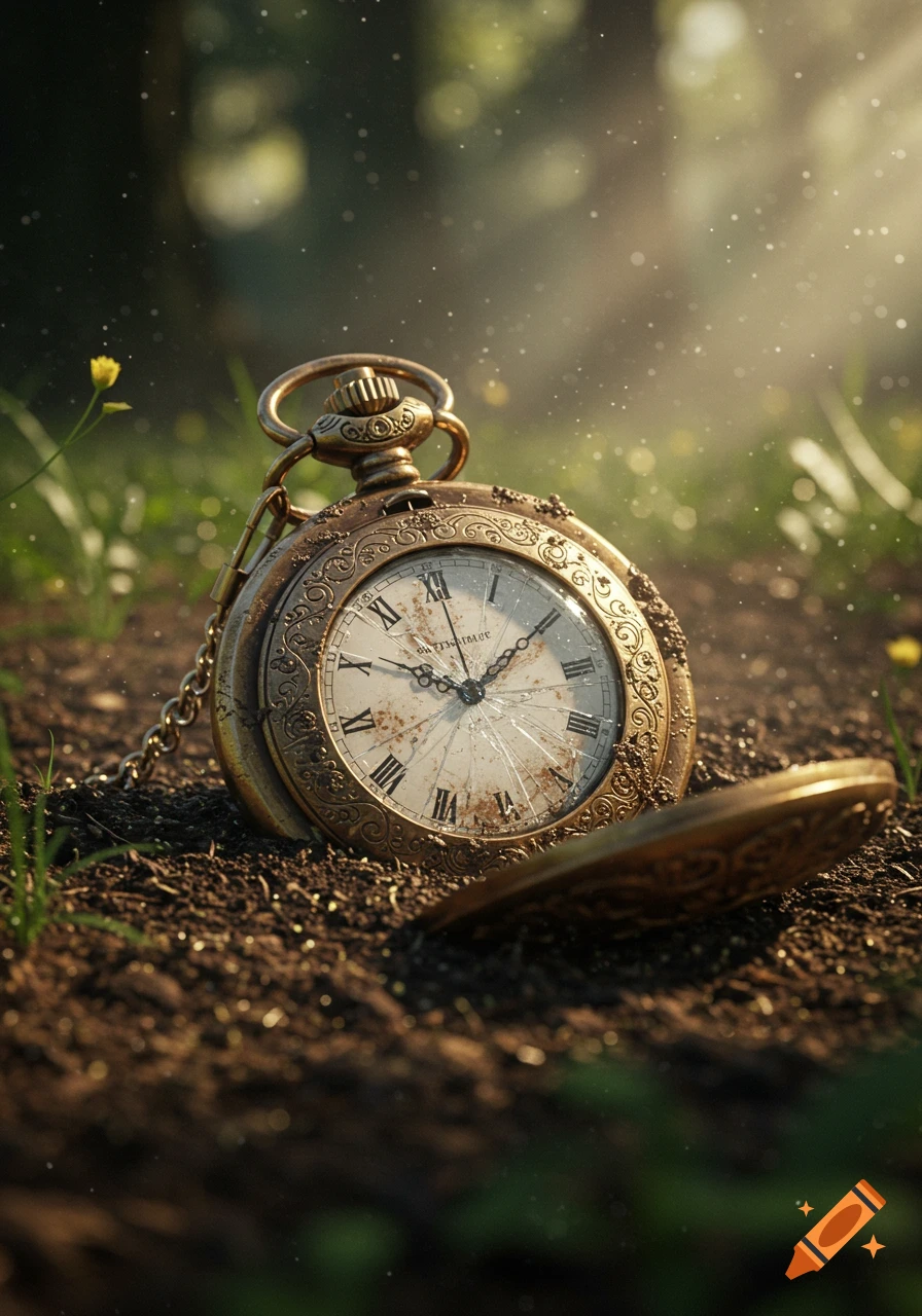 A close-up, photorealistic image of an ornate, antique gold pocket watch with a cracked face and chain, lying in dark, moist soil with blades of grass and dust motes floating in sunlit air.