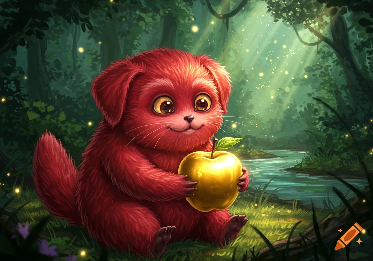 A red, fluffy, big-eyed creature holds a glowing golden apple in a sunlit forest with fireflies.
