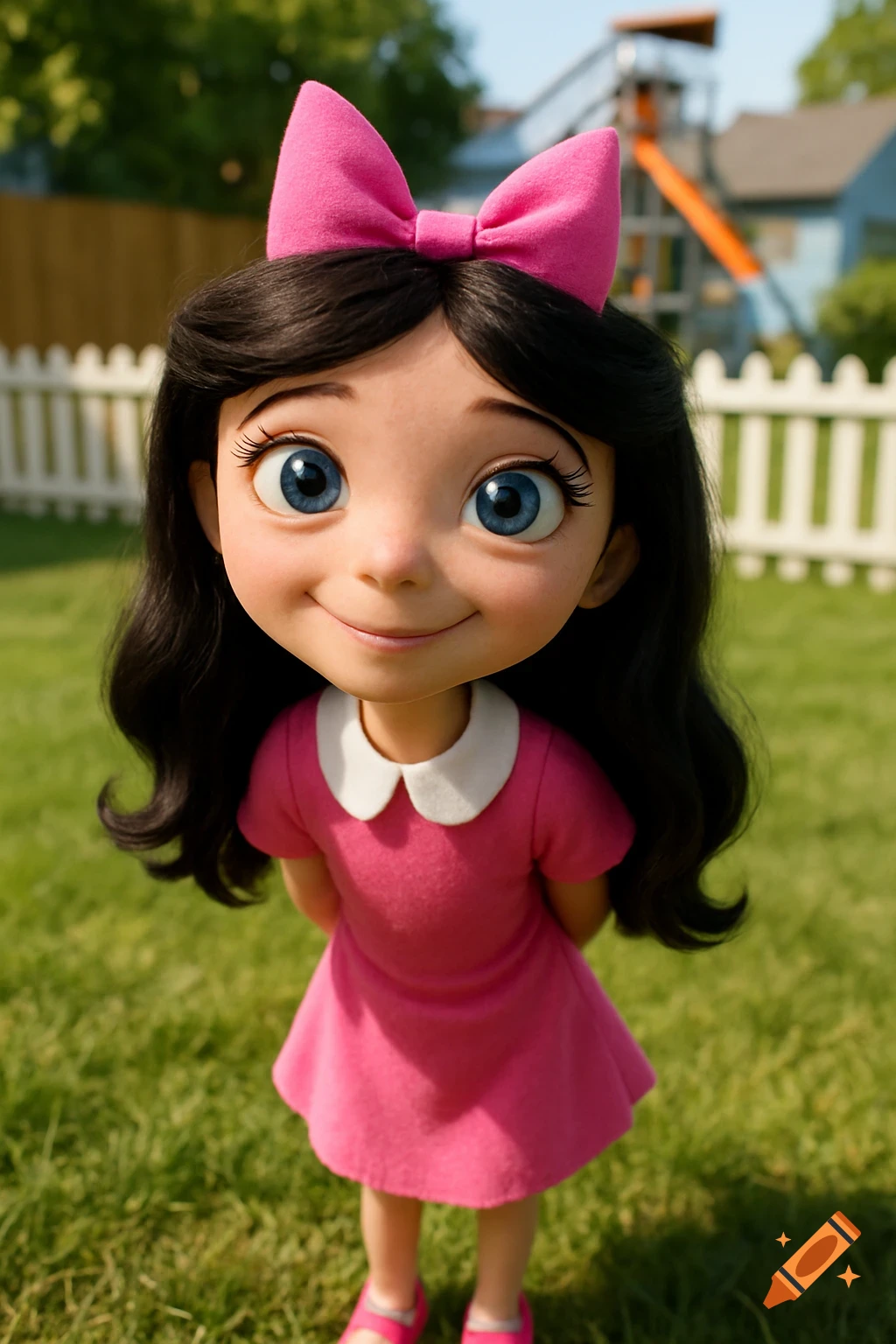 A 3D animated girl with a pink bow and dress stands in a grassy backyard, smiling.