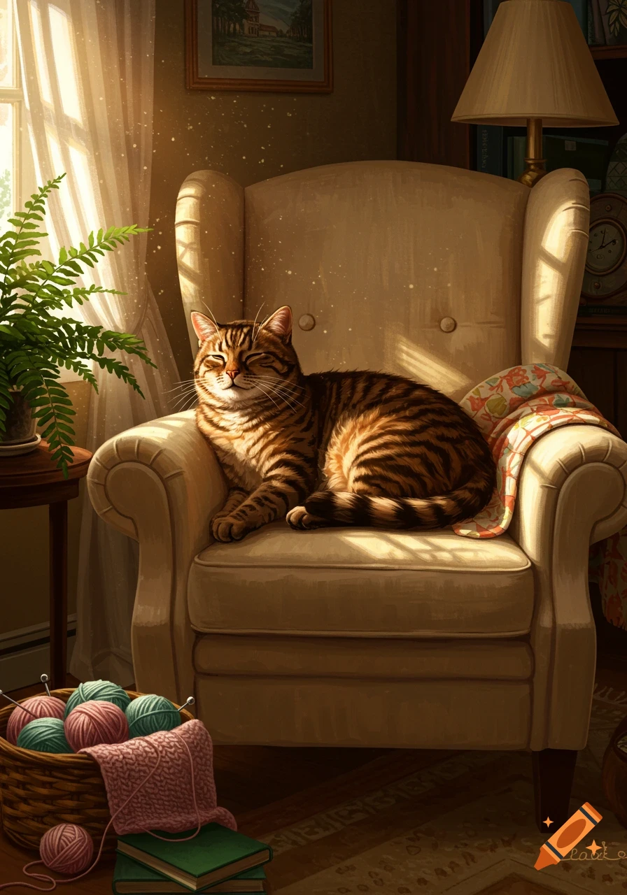 A tabby cat rests in a sunlit beige armchair in a cozy room, with a basket of yarn and books nearby.
