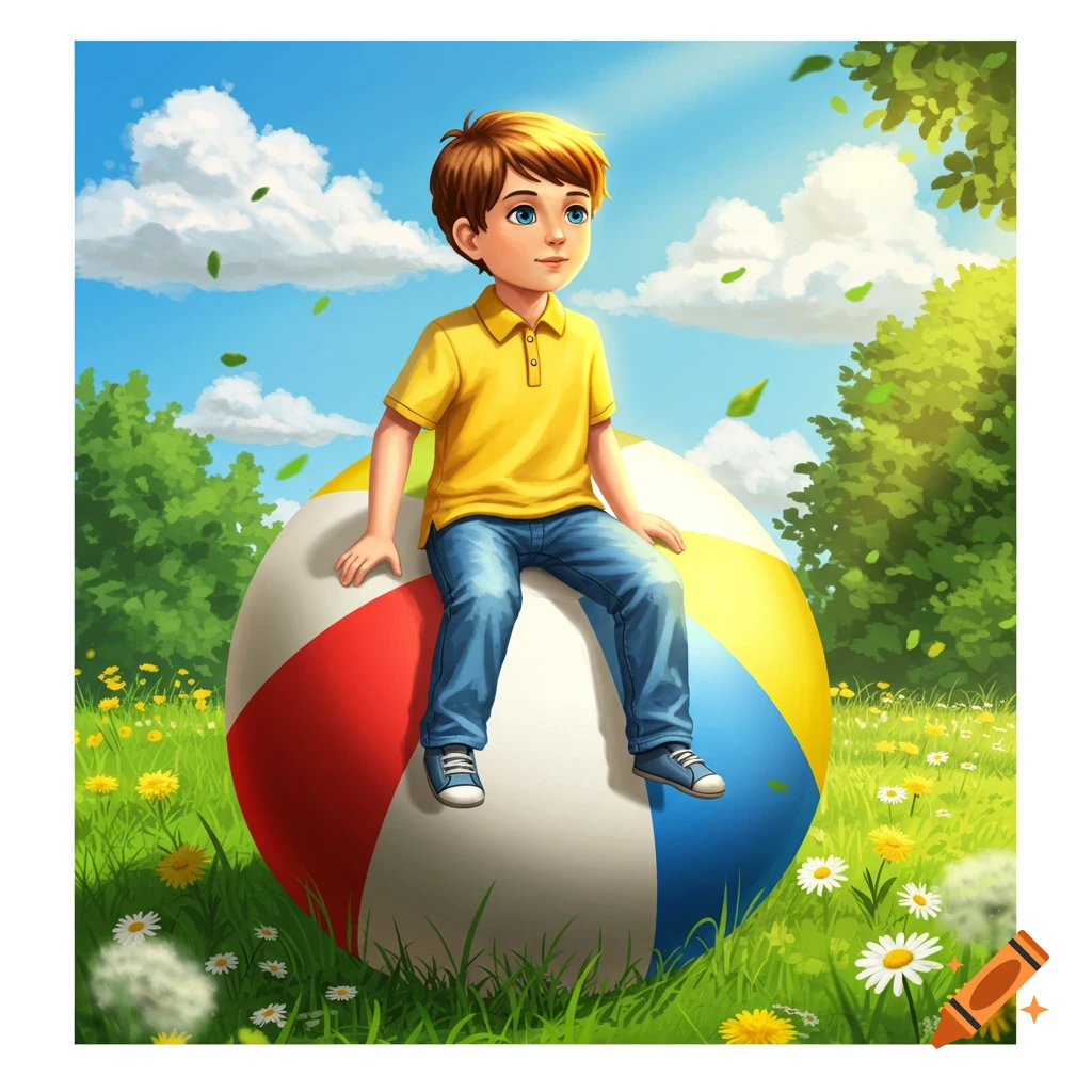 An illustrated boy in a yellow shirt and jeans sits on a large red, white, blue, and yellow beach ball in a sunny grassy field.