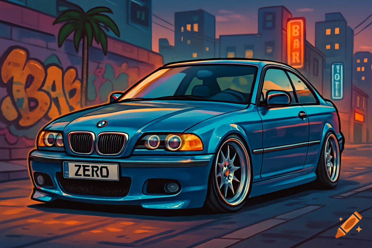 A teal blue BMW E46 in a cartoon style, parked on a street with neon signs and graffiti, under a twilight sky.