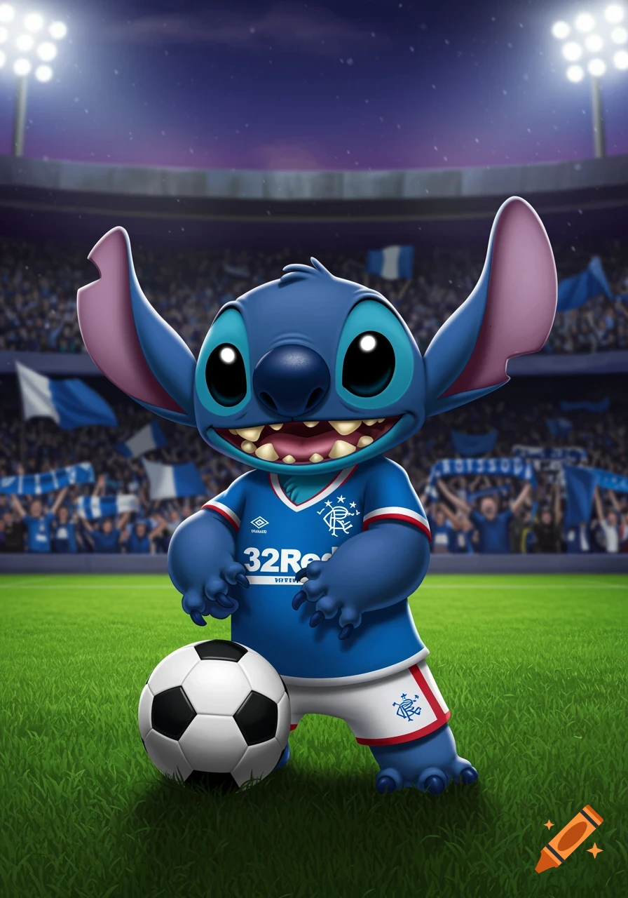 Disney Stitch in a blue Glasgow Rangers soccer kit stands on a grassy field with a soccer ball, in a stadium full of fans.