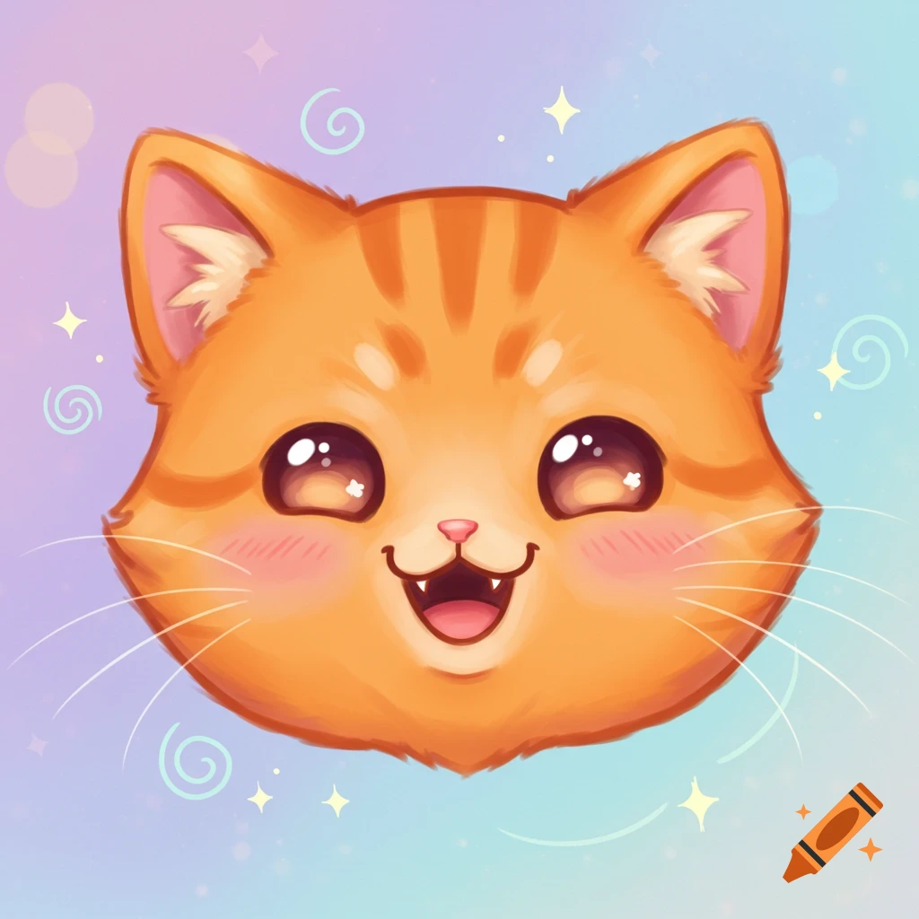 A cheerful, orange anime chibi cat head with sparkling eyes and a wide smile, set against a pastel gradient background.