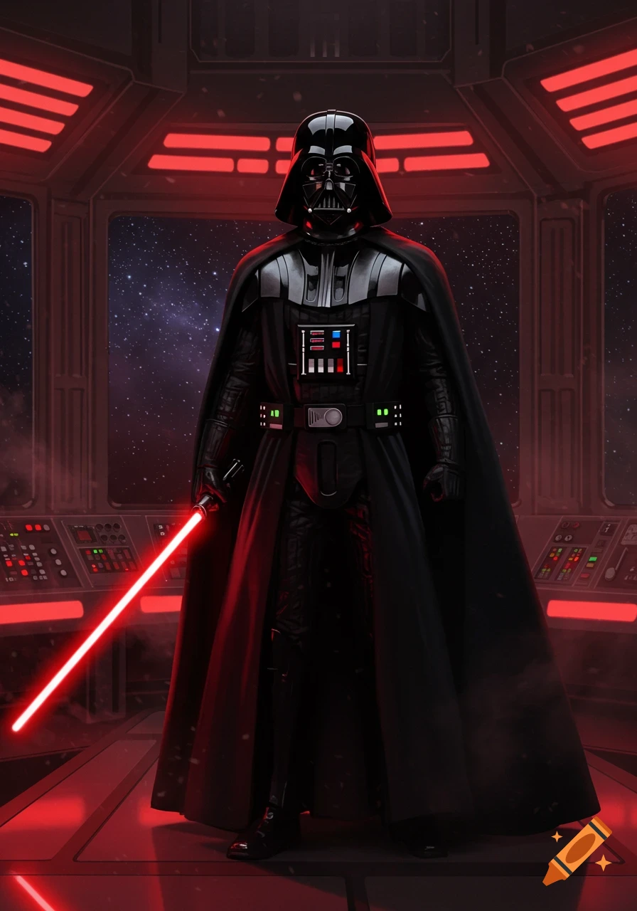Darth Vader stands in a spaceship cockpit with a red lightsaber, looking out into space.