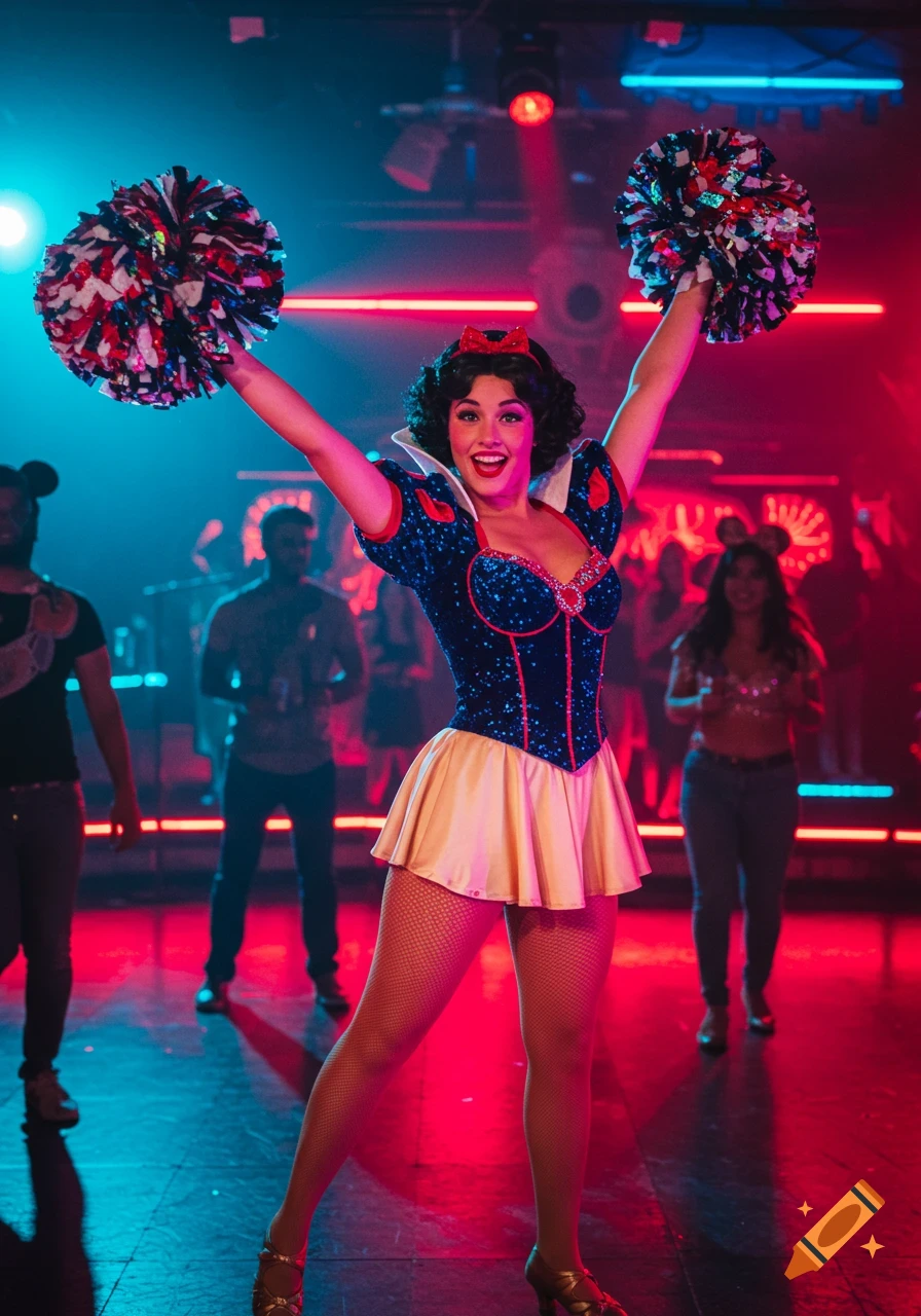 A woman dressed as Snow White with pom-poms on stage in a nightclub.