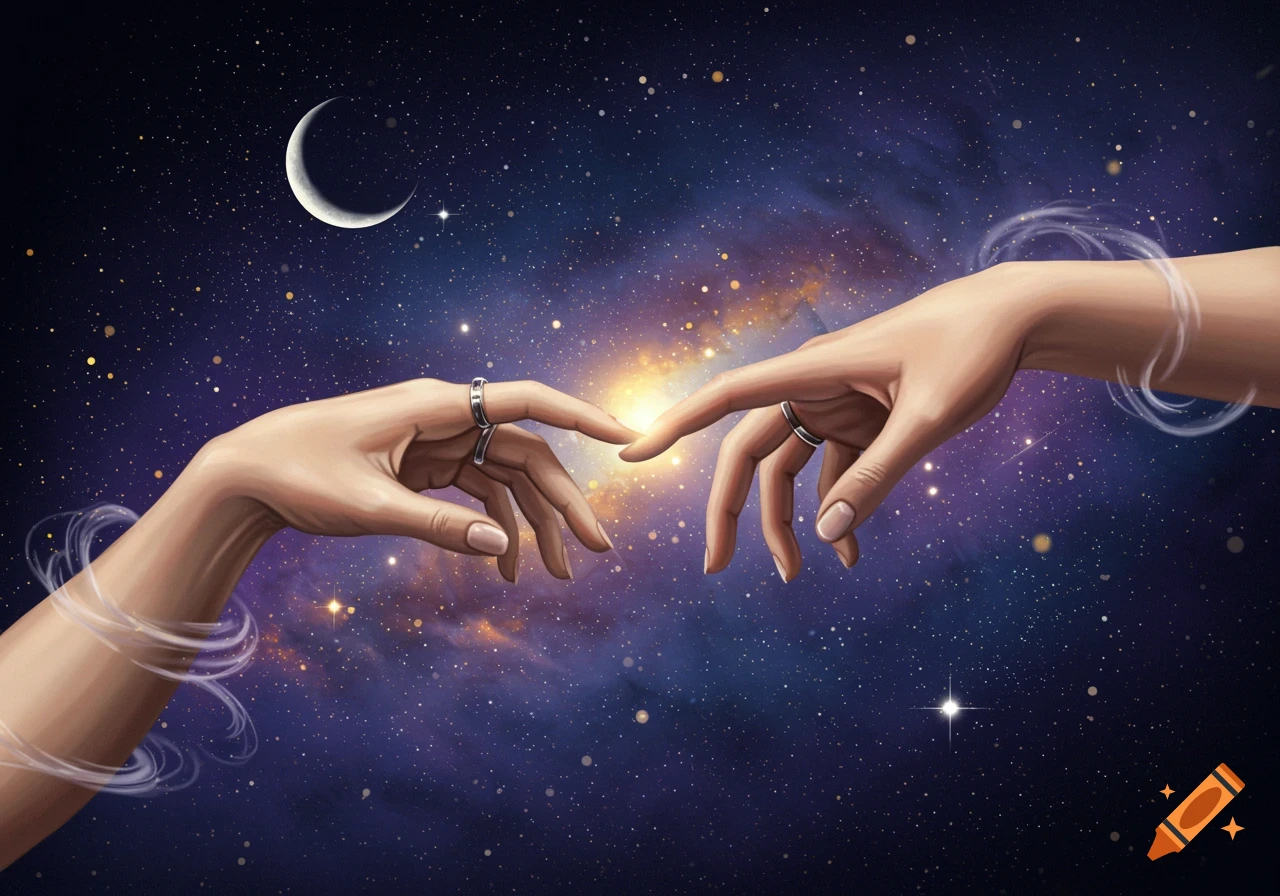 Two hands reaching to touch fingers, set against a vibrant starry cosmic background with a crescent moon.