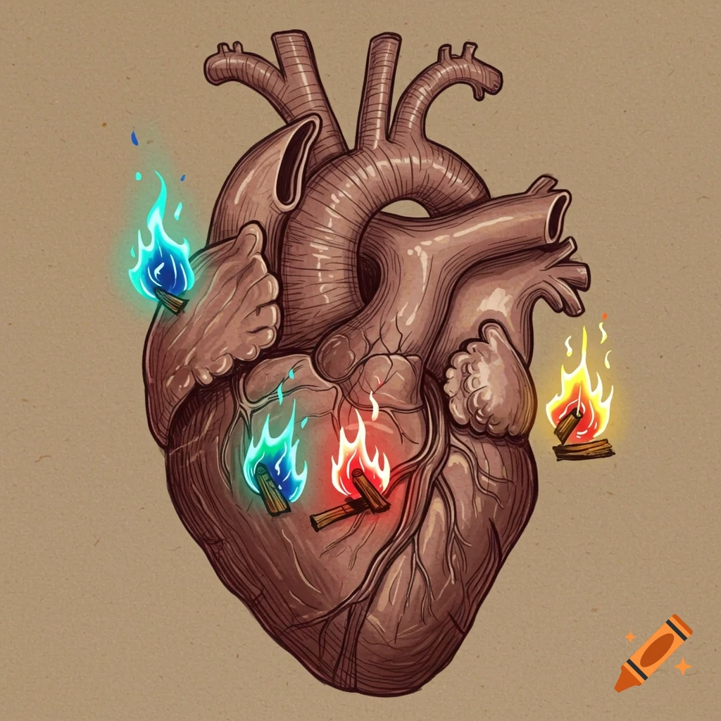An anatomical human heart illustration with blue, green, and red fires burning from various parts, on a beige background.