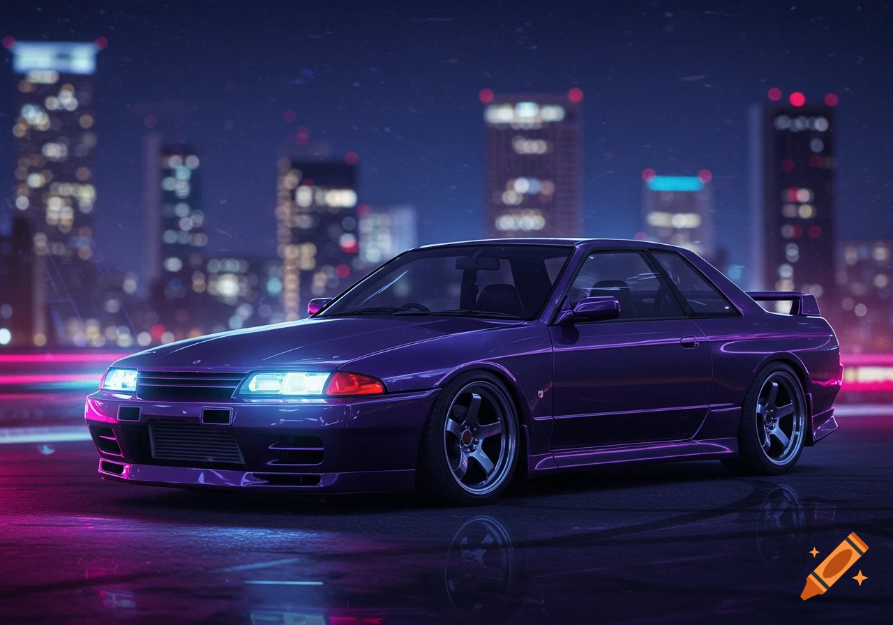 A photorealistic purple Nissan Skyline R32 car parked on wet pavement at night, with glowing headlights and blurred neon city lights in the background.