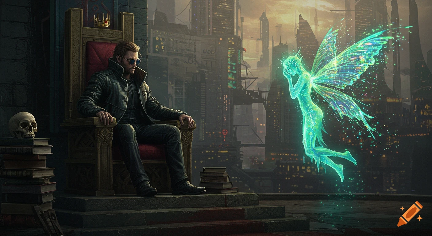 A cyberpunk king in sunglasses and a leather coat sits on a throne, facing a glowing, ethereal fairy with large wings, in a dystopian city setting.