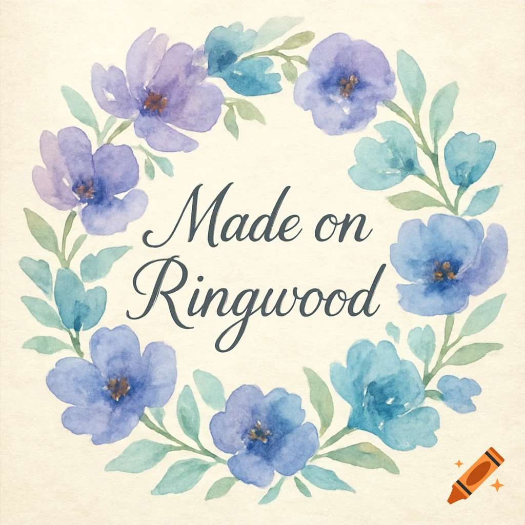 A watercolor floral wreath of purple and teal flowers with green leaves surrounding the text "Made on Ringwood."