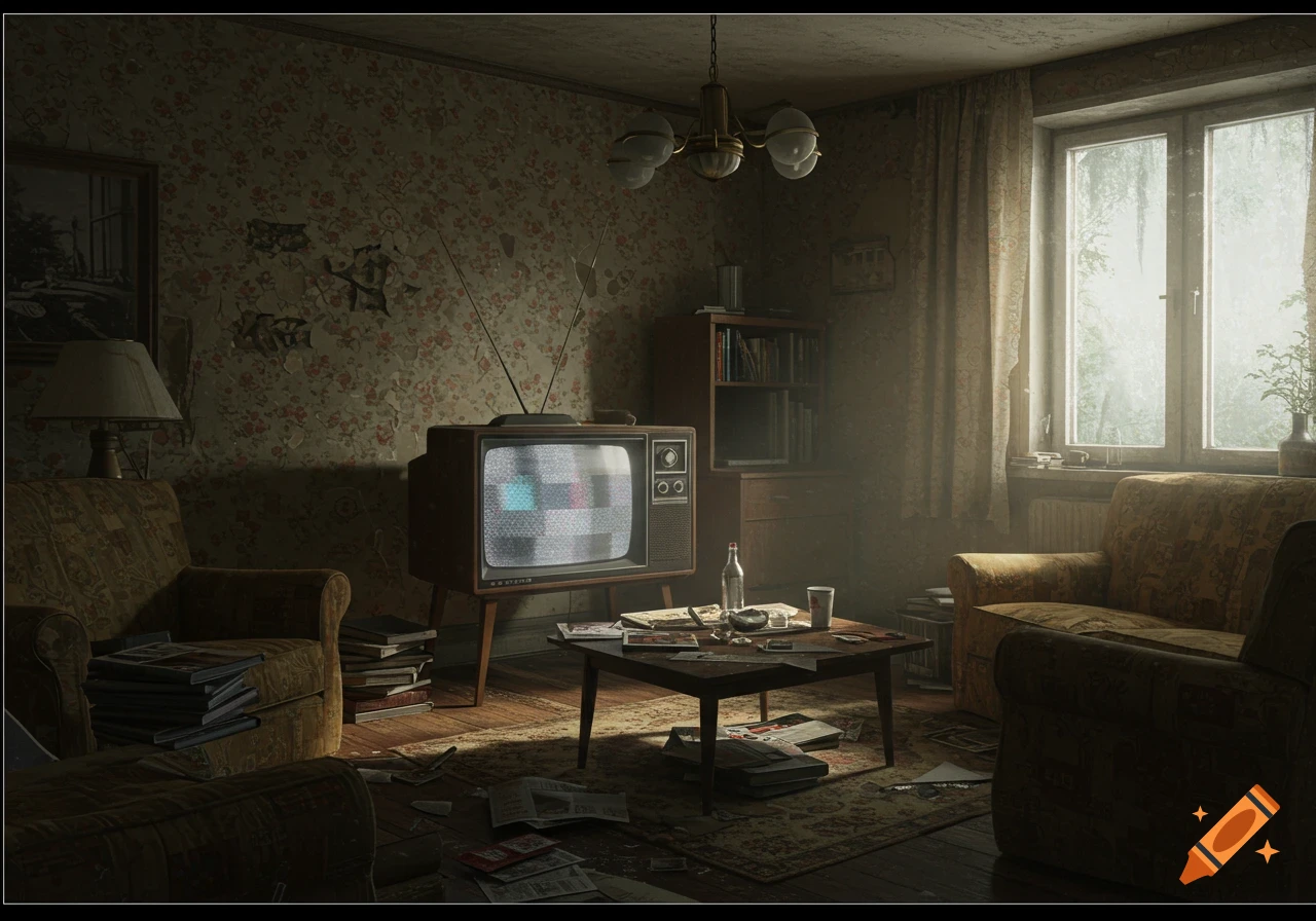 A dimly lit, messy living room with peeling wallpaper, an old static television, and worn furniture.