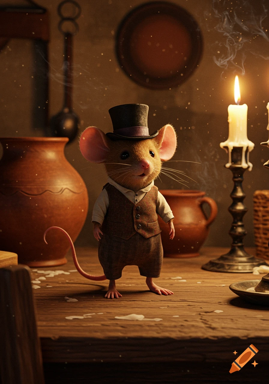 A photorealistic mouse wearing a top hat and vest stands on a wooden table next to a lit candle and pottery.