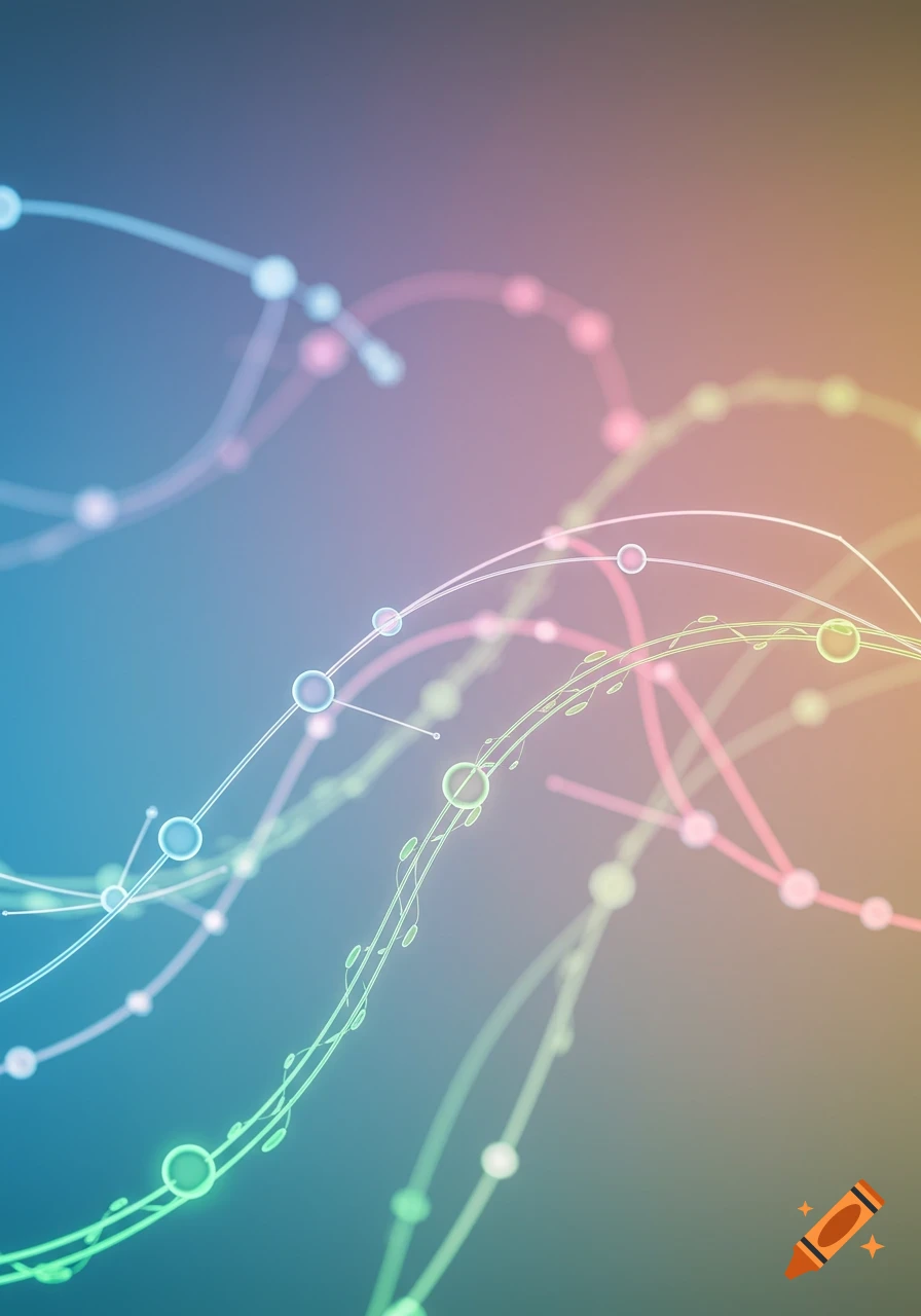 Abstract vibrant lines with glowing nodes connecting across a soft gradient background.