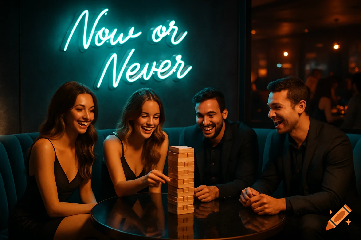 Four young adults laugh while playing Jenga in a moody, neon-lit VIP booth at a nightclub.