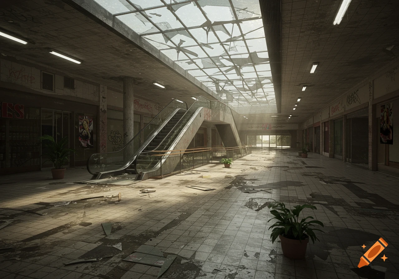 An abandoned, decaying mall interior with a broken glass ceiling, an escalator, debris on the floor, and faint sunlight illuminating the scene.