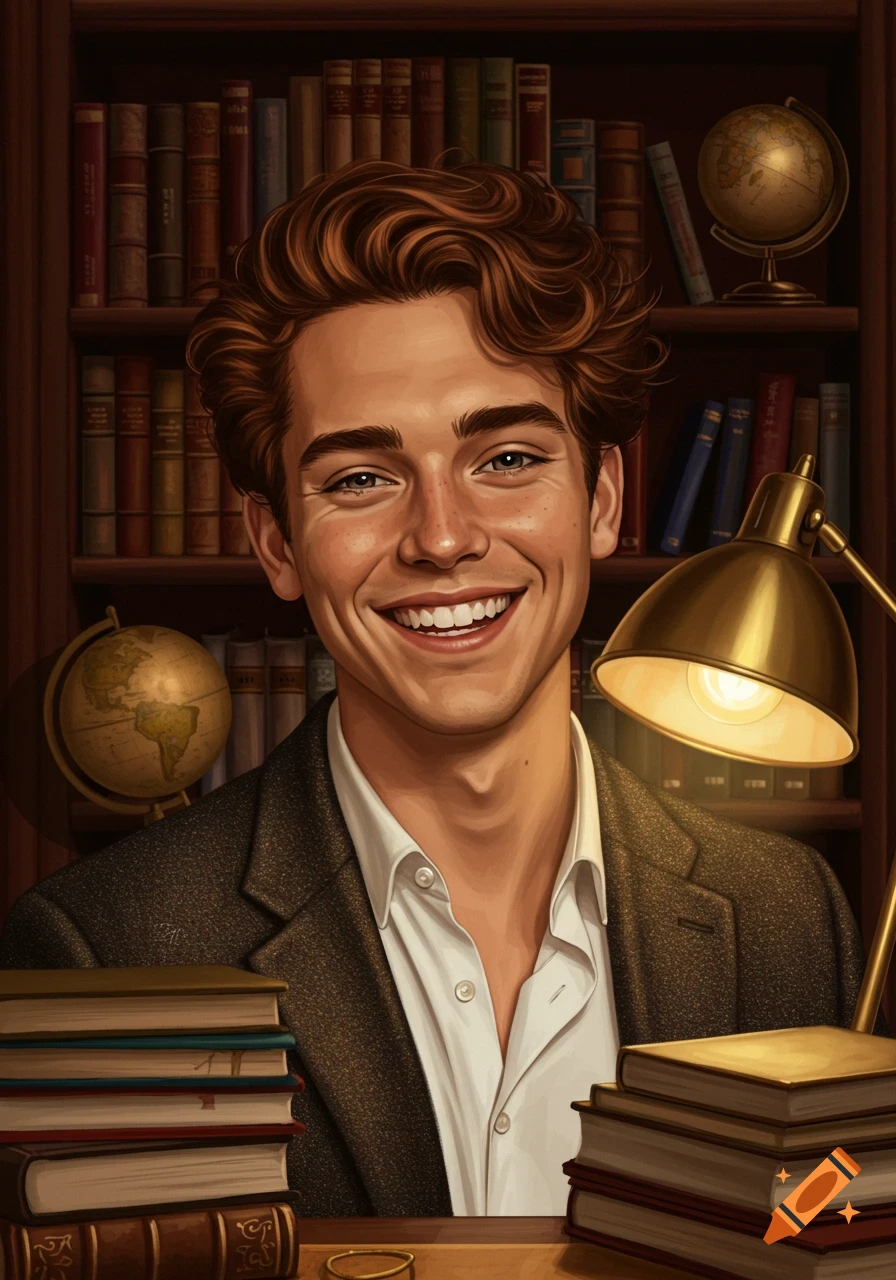 A smiling young man with curly brown hair in a study, surrounded by bookshelves, books, and a glowing desk lamp. Digital painting.